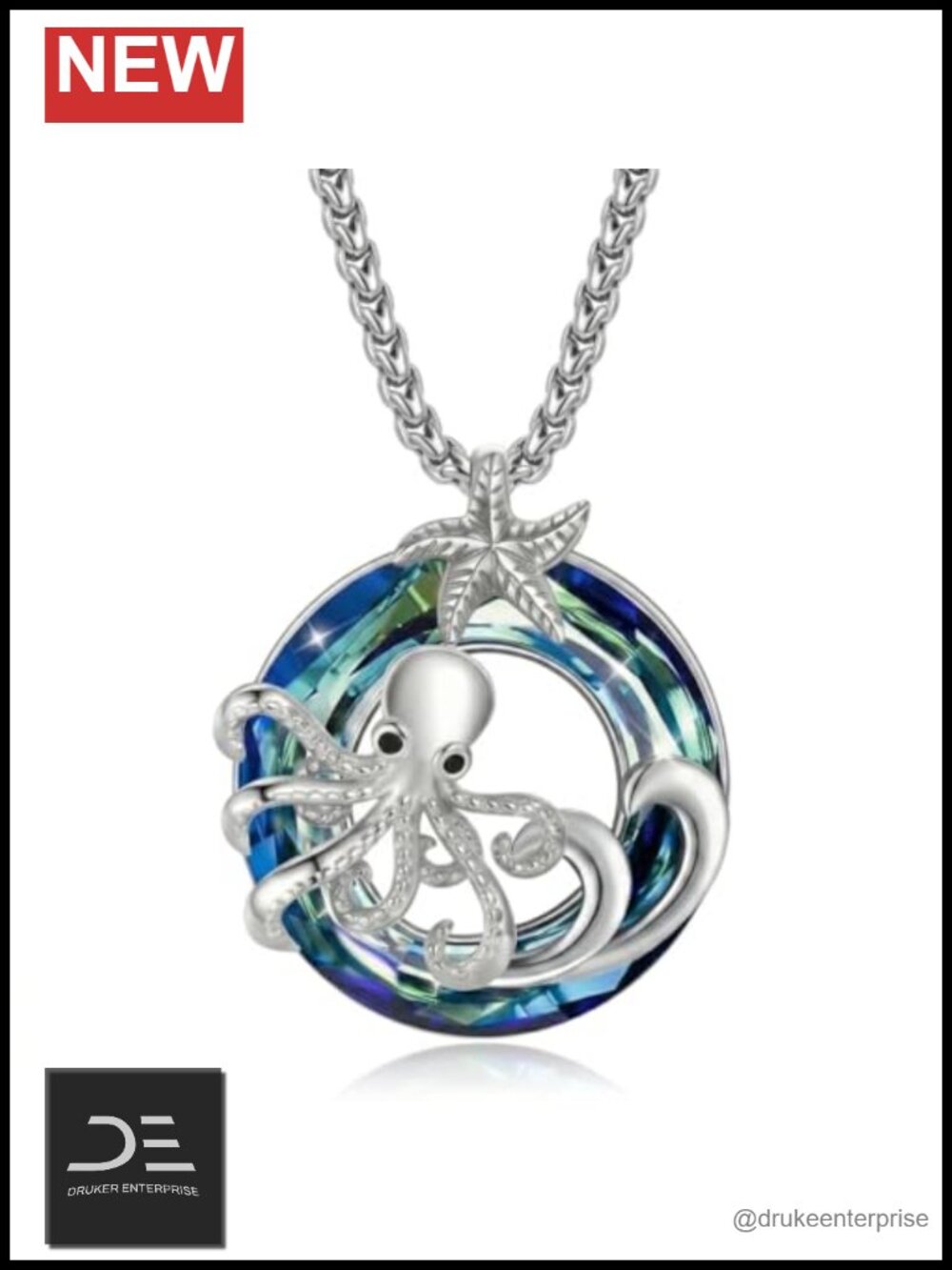 925 Sterling Silver Octopus Starfish Crystal Pendant Necklace Ocean Nautical